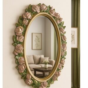 Vintage Home Interiors Shabby Chic Pink Gold Floral Oval Wall Mirror 27”x 20”
